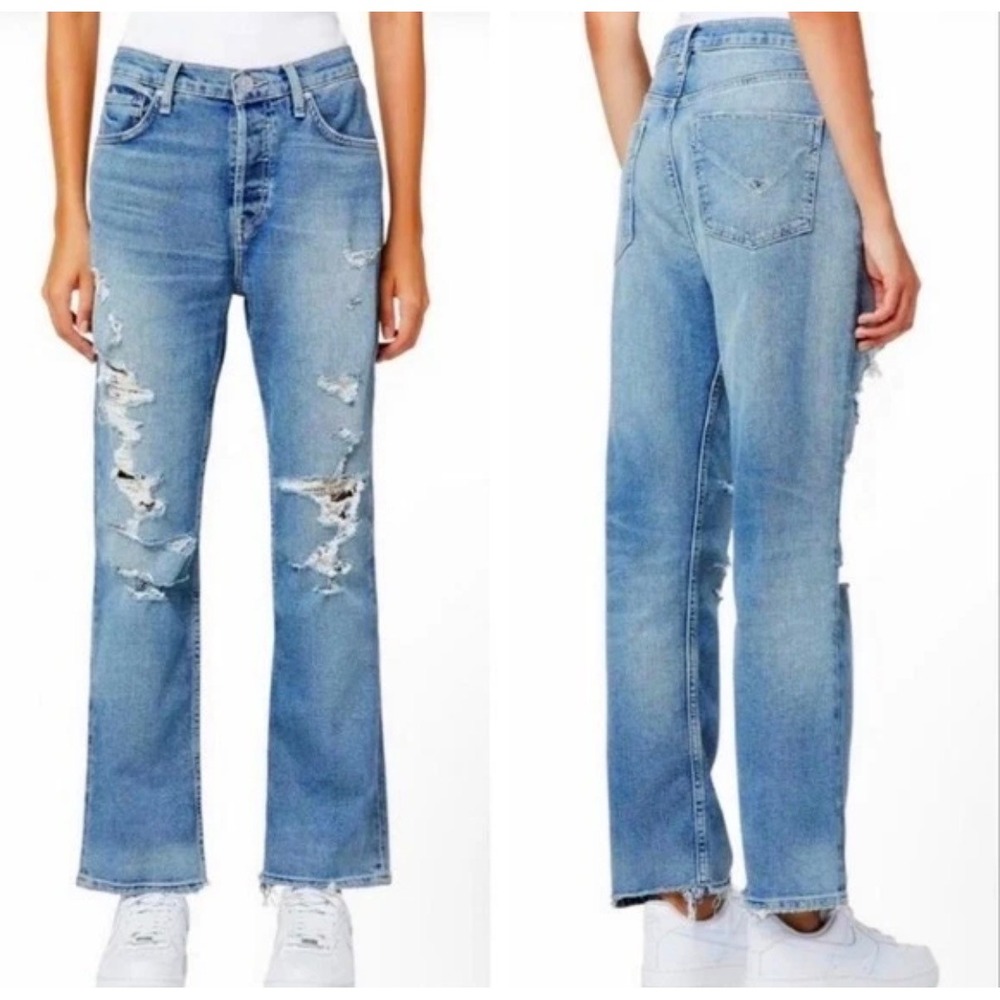 Hudson Thalia Straight Ankle Jeans Size 32 Distressed Blue Raw Hem Button Fly